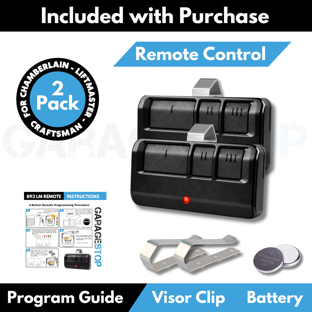 2x 893LM 893Max Universal Garage Door Remote Replacement – GARAGE STOP, 3-Button, Extra Long-Range, Black