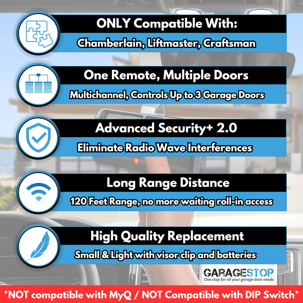 2x 893LM 893Max Universal Garage Door Remote Replacement – GARAGE STOP, 3-Button, Extra Long-Range, Black