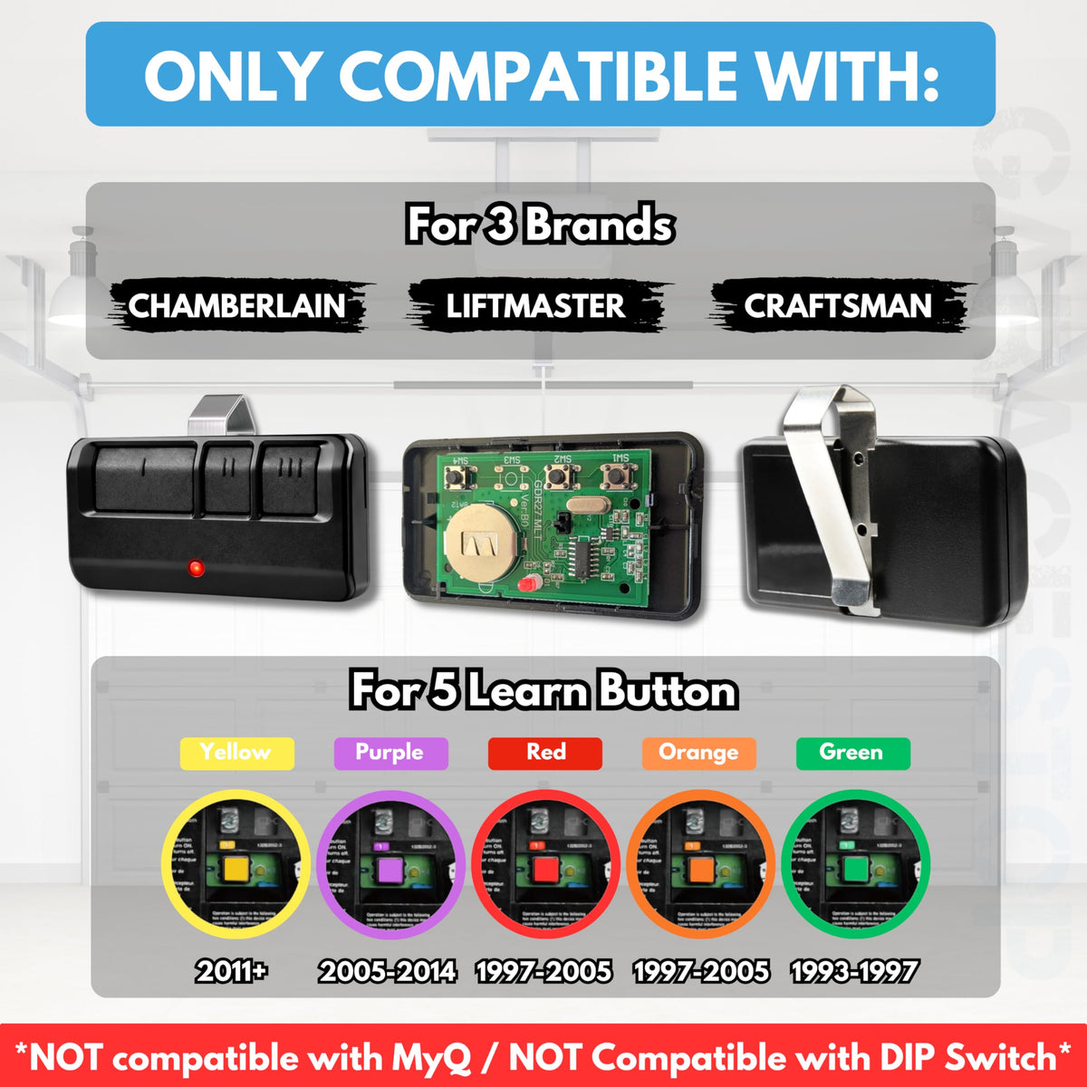 2x 893LM 893Max Universal Garage Door Remote Replacement – GARAGE STOP, 3-Button, Extra Long-Range, Black