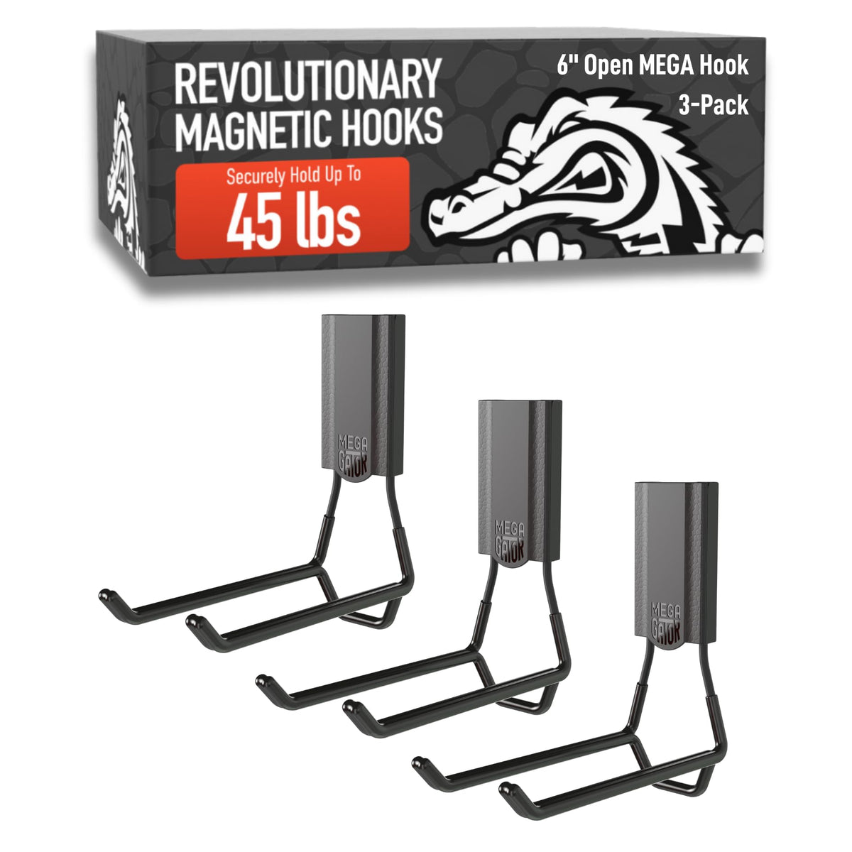 Gator Magnetics Mega 6 Open Hooks – 45 lb Heavy-Duty Magnetic Hooks (3 Pack)