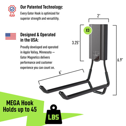 Gator Magnetics Mega 6 Open Hooks – 45 lb Heavy-Duty Magnetic Hooks (3 Pack)