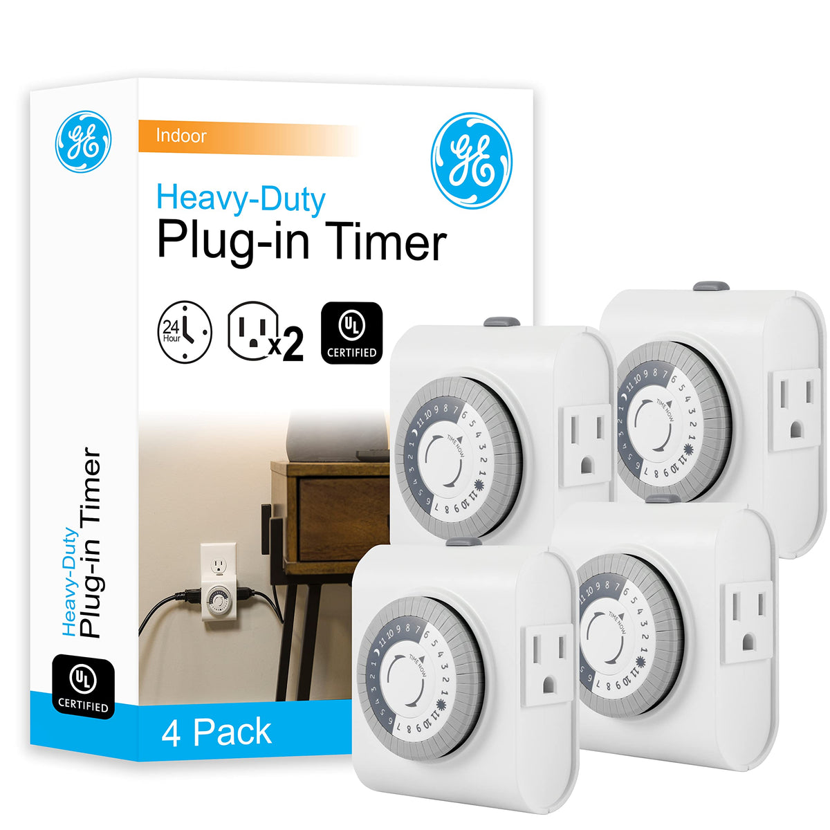 GE Mechanical Grounded Outlet Timer — 24-Hour Dual-Outlet Indoor Timer, 4-Pack (66405)