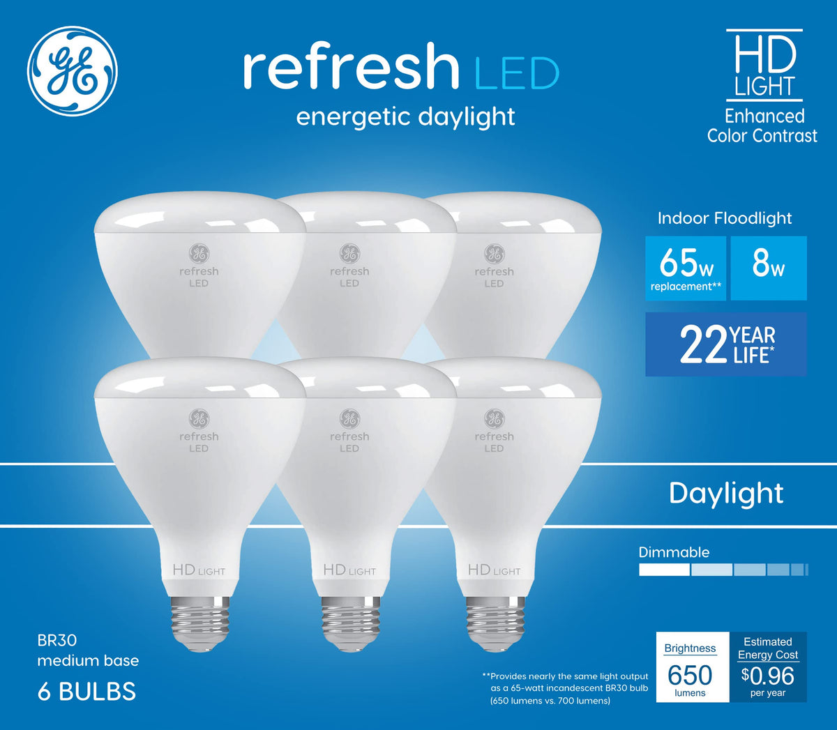 GE Refresh 6-Pack BR30 LED Bulbs – 65W Equivalent, Dimmable Daylight, 8W, 22-Year Life