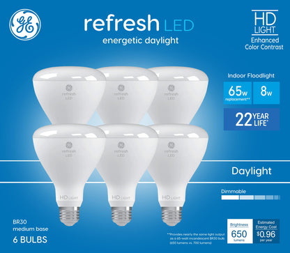 GE Refresh 6-Pack BR30 LED Bulbs – 65W Equivalent, Dimmable Daylight, 8W, 22-Year Life