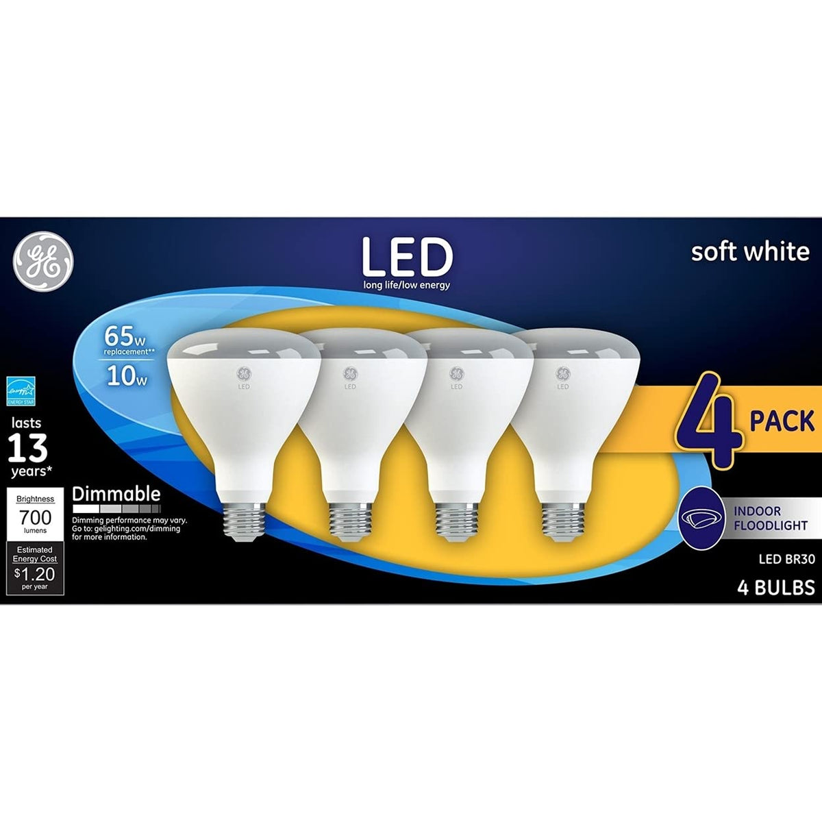 GE Soft White BR30 LED Floodlight Bulb – 65W Replacement, 9W, 700 lm, 2700K, 4-Pack
