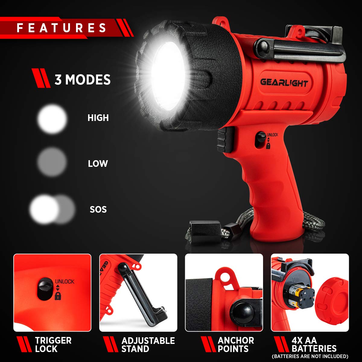GearLight LED Spotlight Flashlight – Battery-Powered, Waterproof Handheld Spotlight for Camping & Outdoors