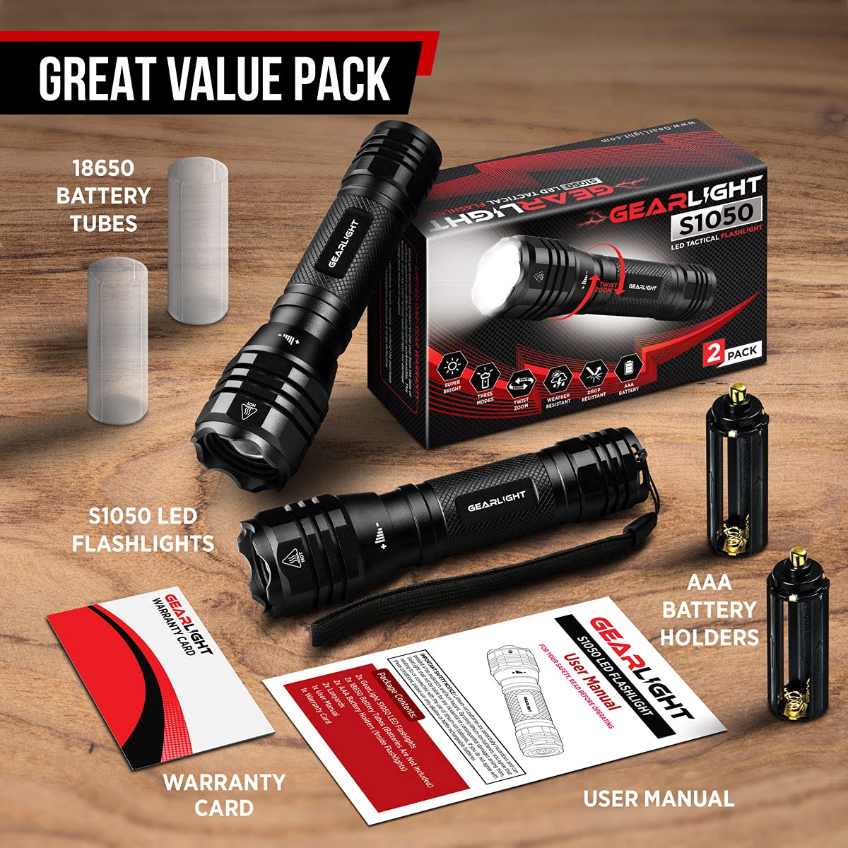 GearLight S1050 LED Flashlight – 2 Pack, High Lumen, 3 Modes, Rugged Aluminum
