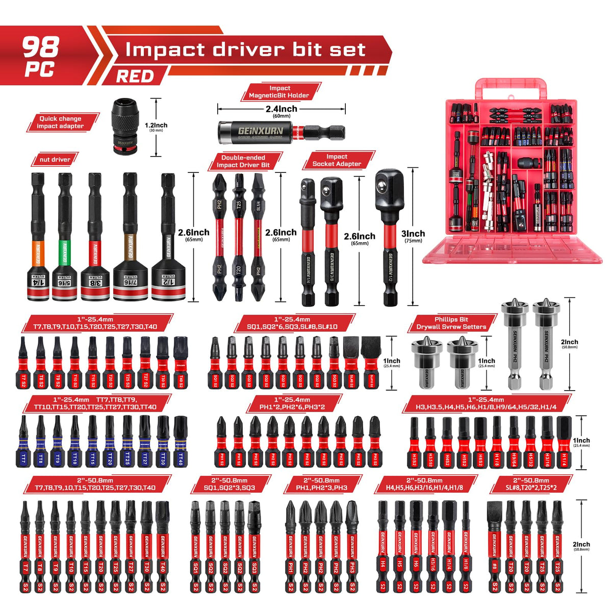 GEINXURN 98-Piece Impact Screwdriver Bits Set | 1”/2” Bits, S2 Steel, Red Storage Box