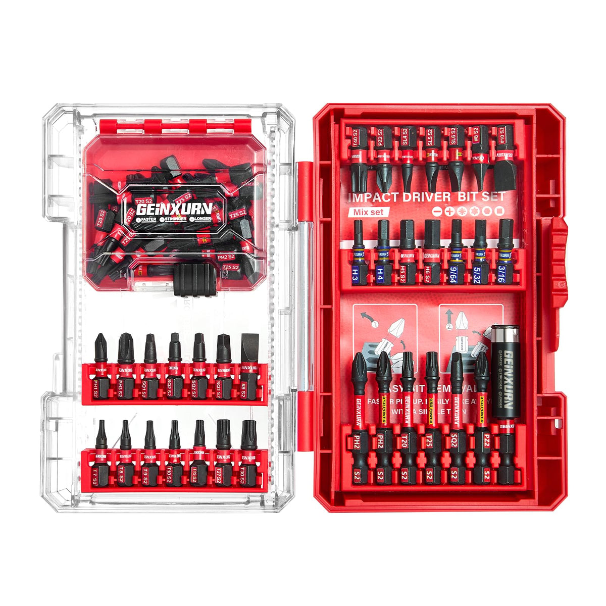 Geinxurn 65-Pieces Impact Screwdriver Bits Set – Magnetic S2 Steel Insert Bits with Red Storage Box