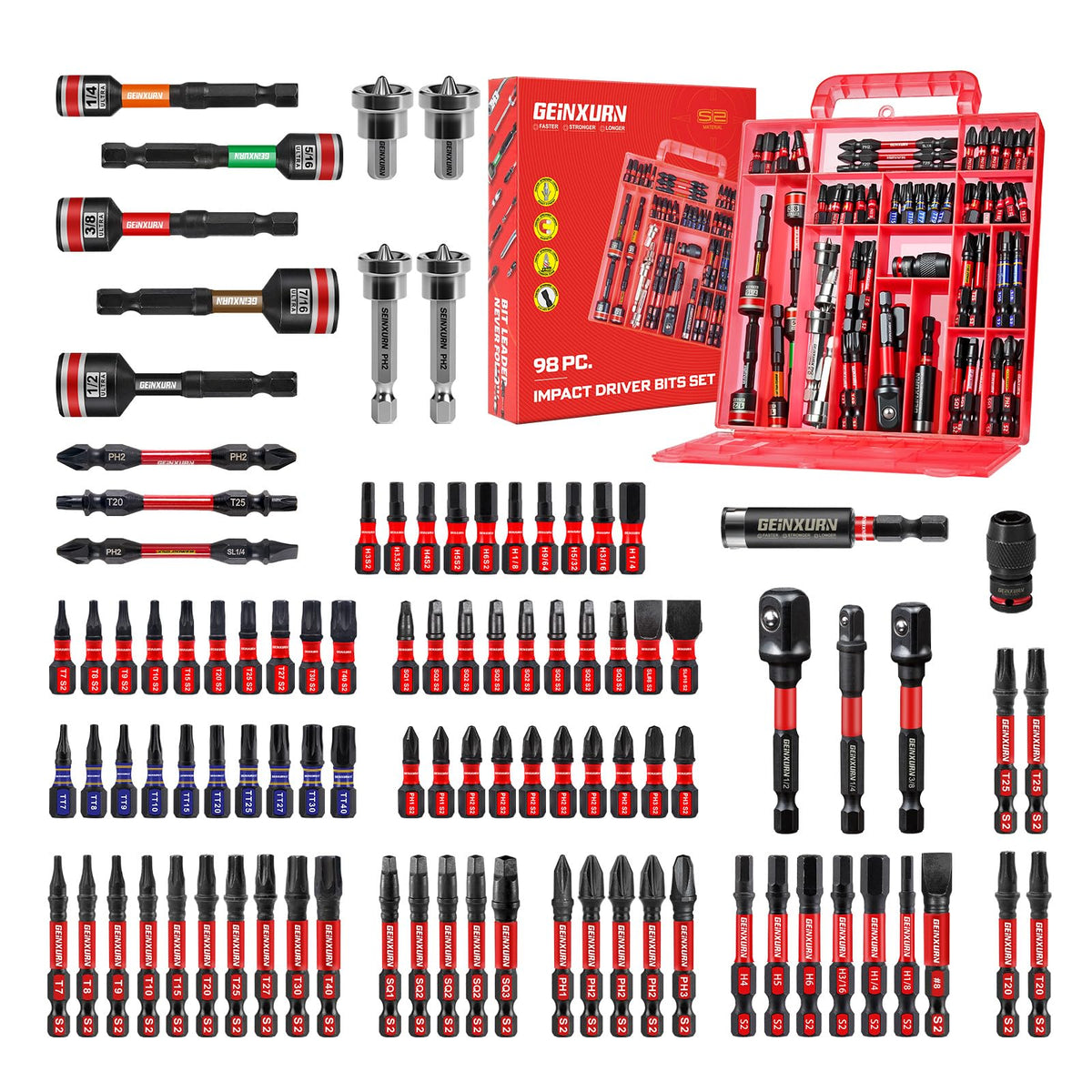 GEINXURN 98-Piece Impact Screwdriver Bits Set | 1”/2” Bits, S2 Steel, Red Storage Box