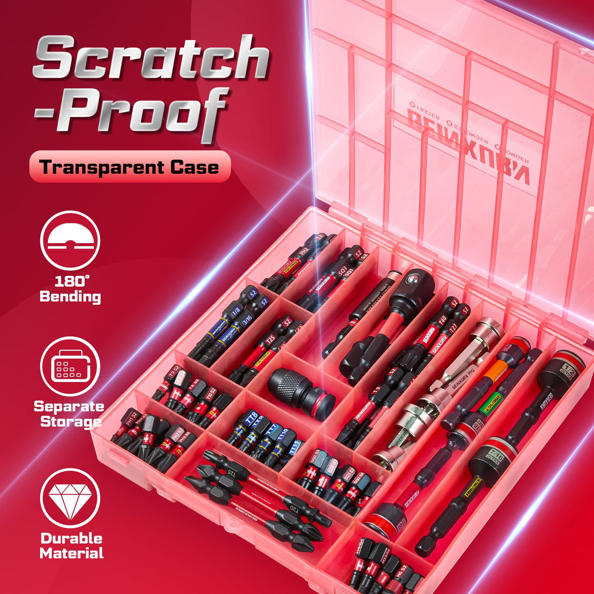 GEINXURN 98-Piece Impact Screwdriver Bits Set | 1”/2” Bits, S2 Steel, Red Storage Box