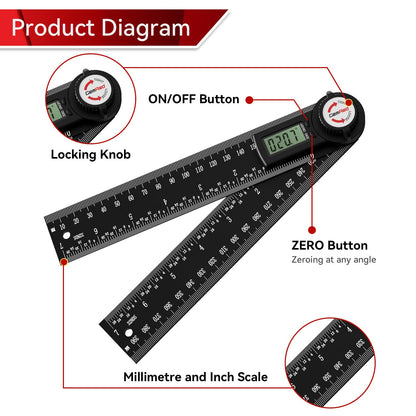 GemRed 82305 Aluminum Digital Angle Finder Protractor – Precision 0.3°