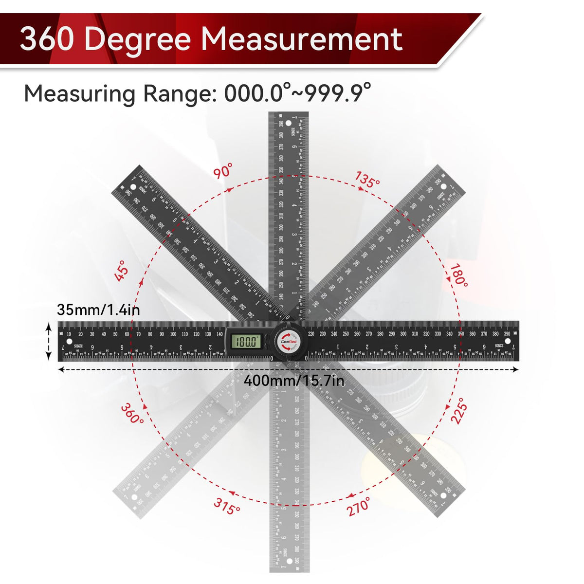 GemRed 82305 Aluminum Digital Angle Finder Protractor – Precision 0.3°