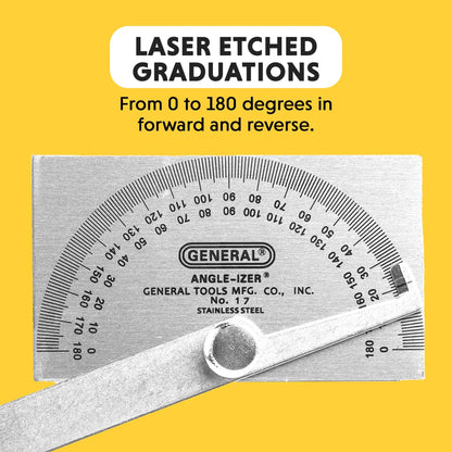 General Tools Angle Protractor #17 – Stainless Steel Square Head with 6-Inch Arm for Carpenters & Woodworking