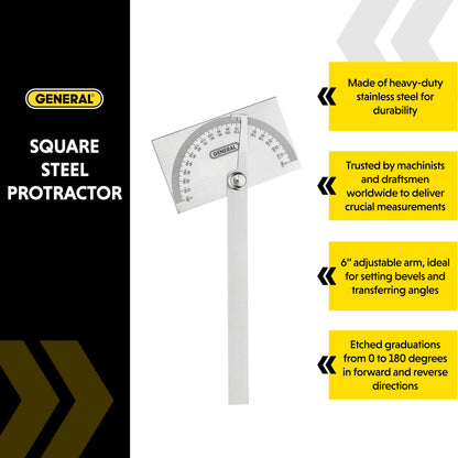 General Tools Angle Protractor #17 – Stainless Steel Square Head with 6-Inch Arm for Carpenters & Woodworking