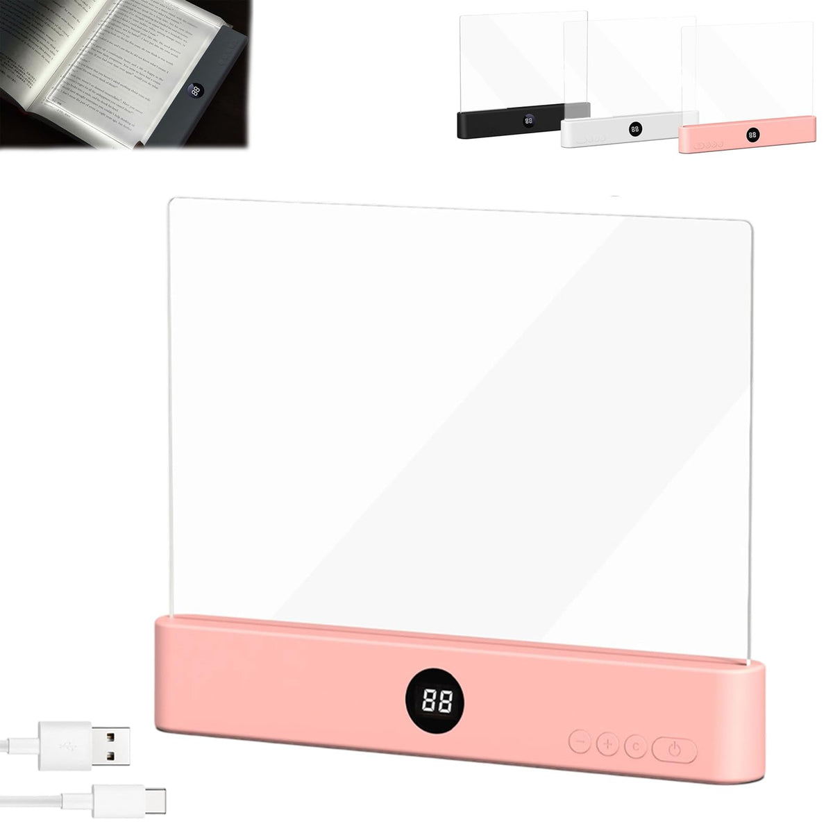 Generic LED Reading Light - Pink Rechargeable Panel, 3 Colors, Timer, Dimmable