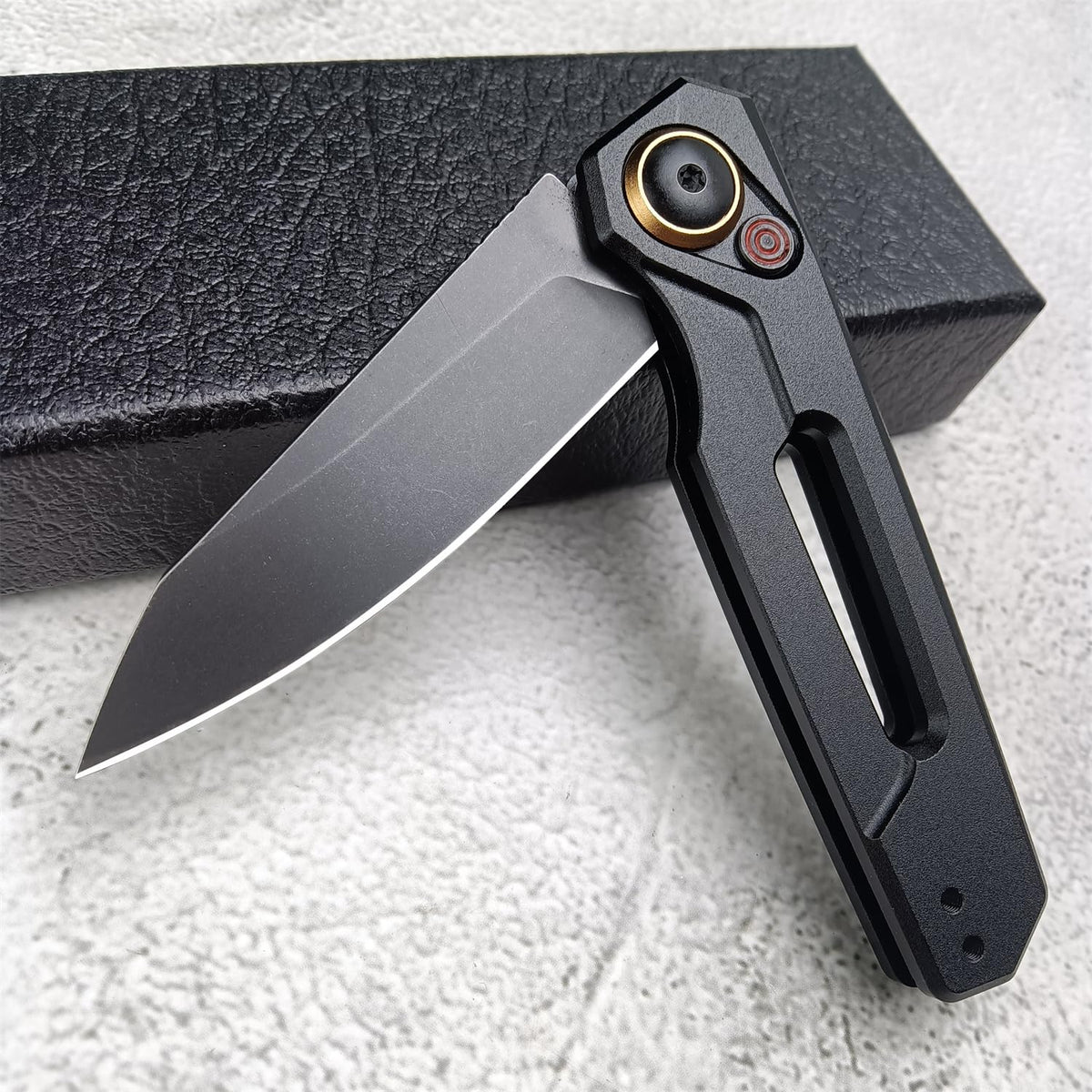 Push Button Lock Knife | Speedsafe Assisted EDC Folding Knife with Black Stonewashed Reverse Tanto Blade