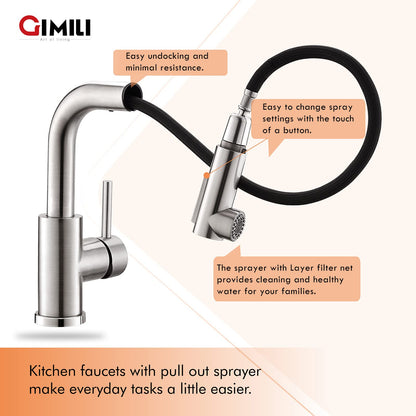 GIMILI Modern Bar Sink Faucet with Pull-Out Sprayer – Brushed Nickel