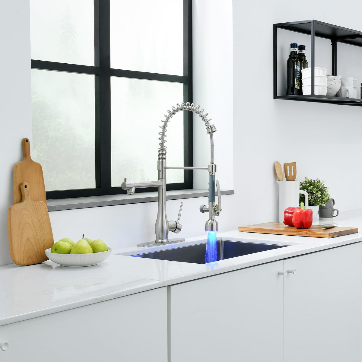 GIMILI LED Kitchen Faucet with Pull-Down Sprayer – Brushed Nickel, Two Independent Nozzles