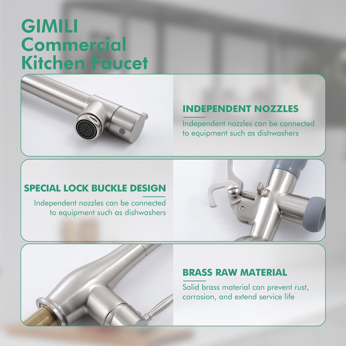GIMILI LED Kitchen Faucet with Pull-Down Sprayer – Brushed Nickel, Two Independent Nozzles