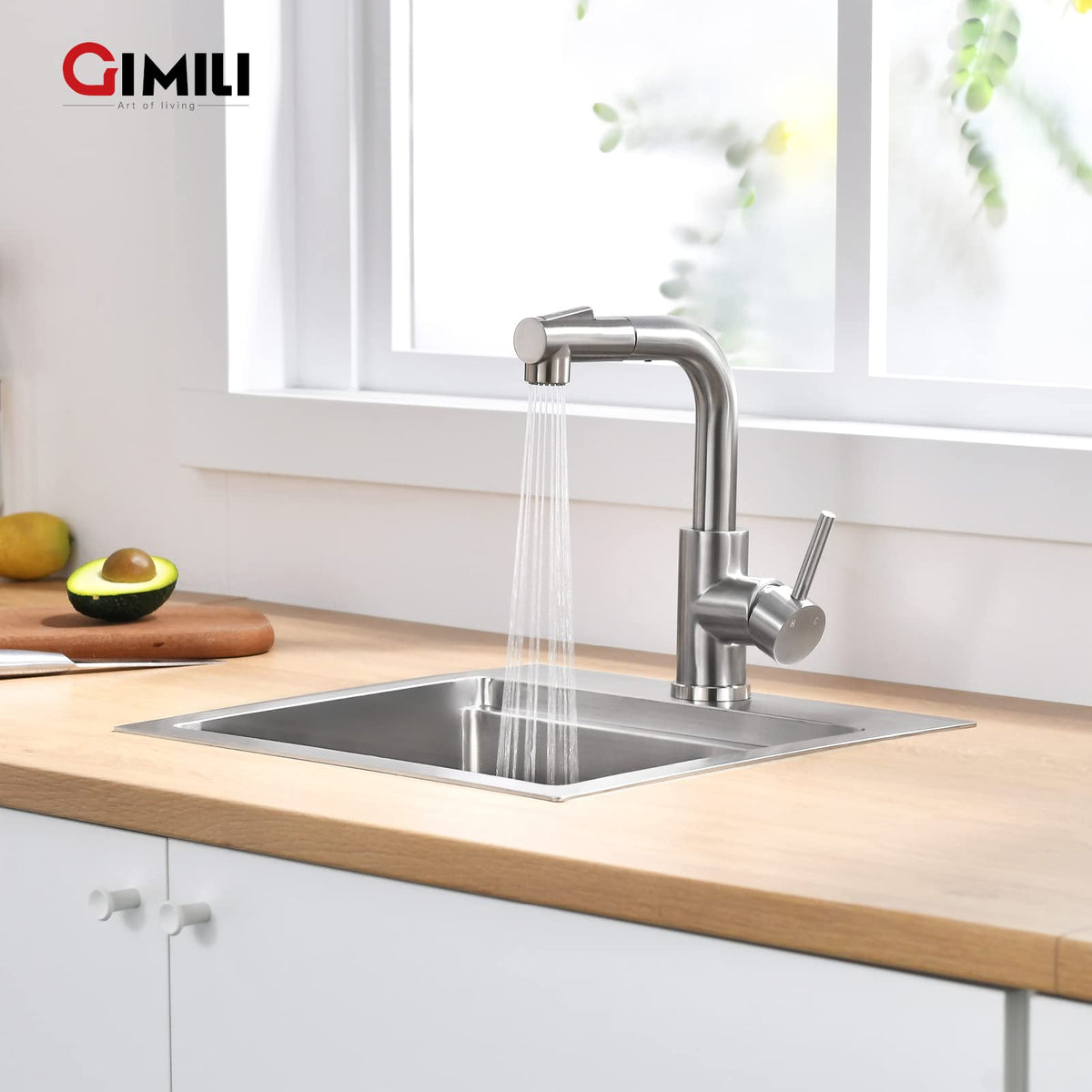 GIMILI Modern Bar Sink Faucet with Pull-Out Sprayer – Brushed Nickel