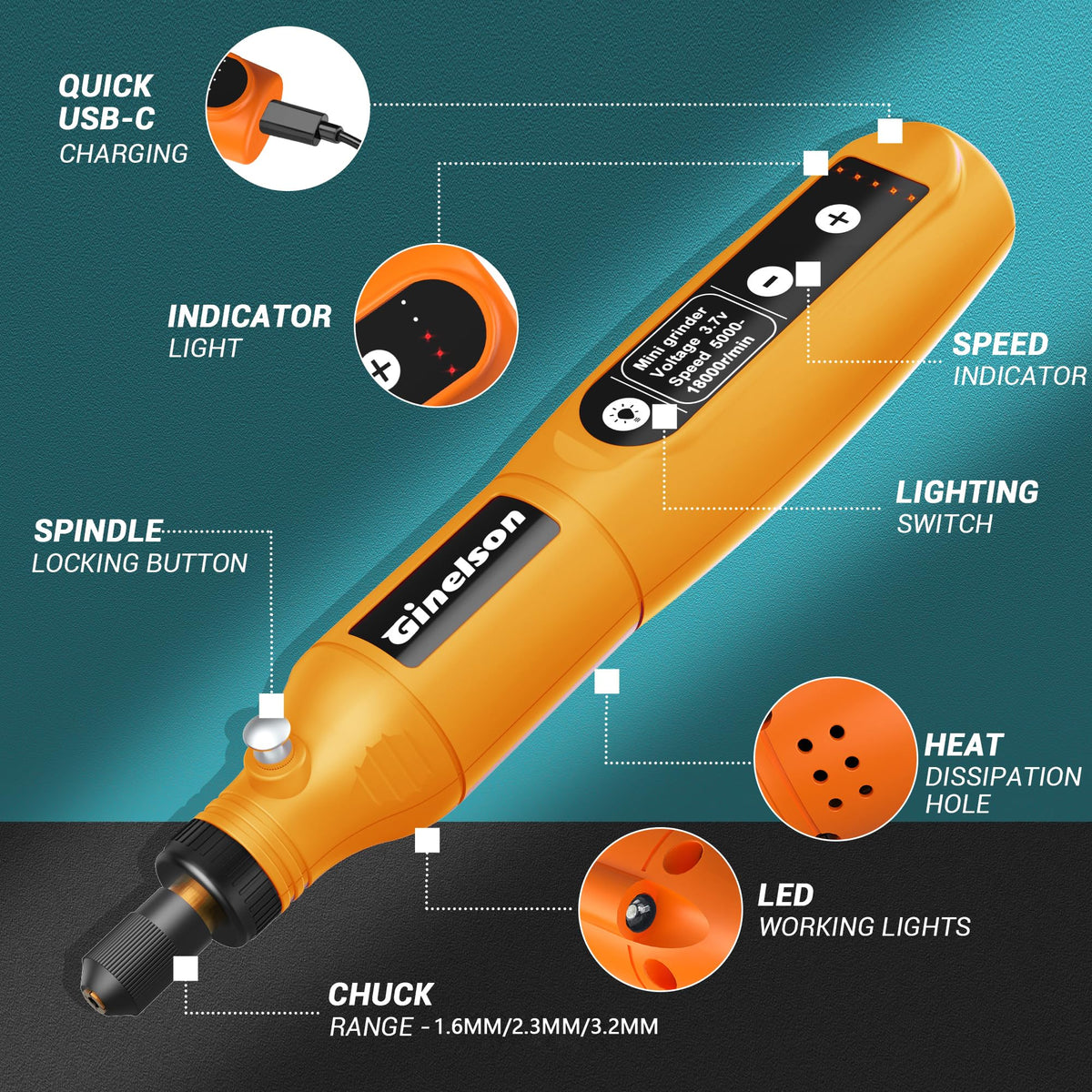 GINELSON Cordless Rotary Tool Kit – 5-Speed, 70 Accessories, USB-C Charging