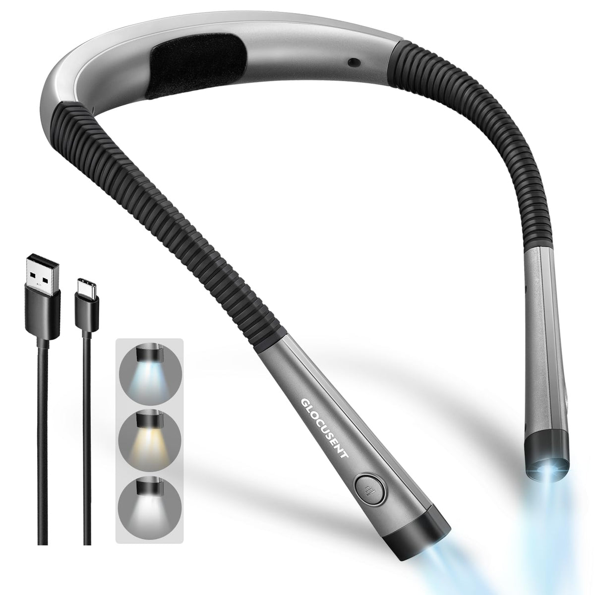 Glocusent Book Light – 3 Color Temperatures, 6 Brightness Levels, USB-C Rechargeable Neck Reading Light
