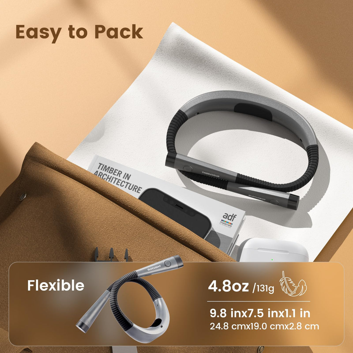 Glocusent Book Light – 3 Color Temperatures, 6 Brightness Levels, USB-C Rechargeable Neck Reading Light