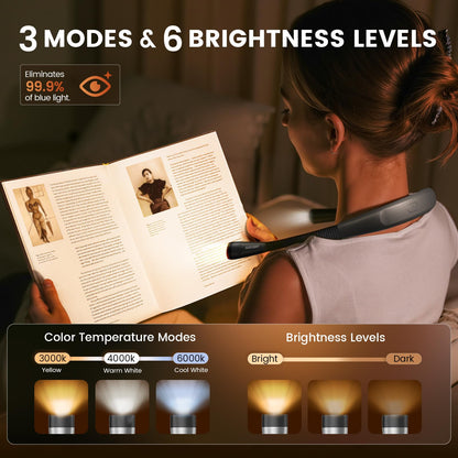 Glocusent Book Light – 3 Color Temperatures, 6 Brightness Levels, USB-C Rechargeable Neck Reading Light