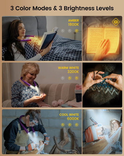 Glocusent Upgraded LED Neck Reading Light | 3 Colors, 3 Brightness, 30-Min Timer, USB-C Rechargeable
