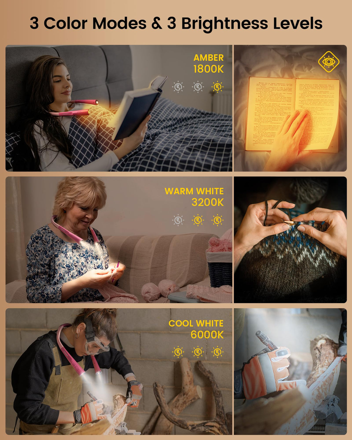 Glocusent Upgraded LED Neck Reading Light – 3 Colors, 3 Brightness, 30-Min Timer, USB-C Rechargeable