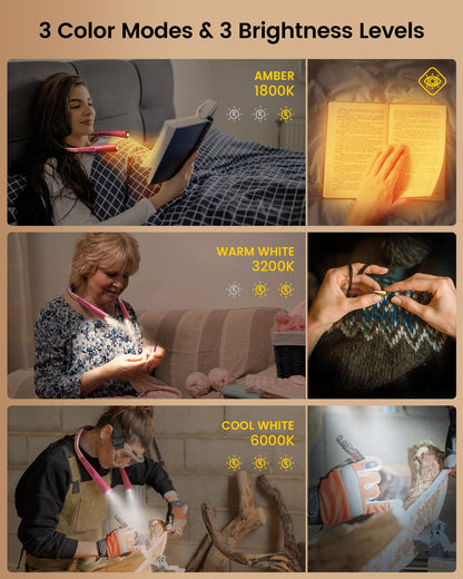 Glocusent Upgraded LED Neck Reading Light – 3 Colors, 3 Brightness, 30-Min Timer, USB-C Rechargeable