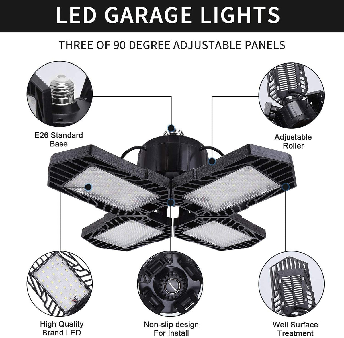 GMximo 2-Pack LED Garage Lights – 100W, 10000LM, Deformable 4-Panel, 6000K Daylight, E26
