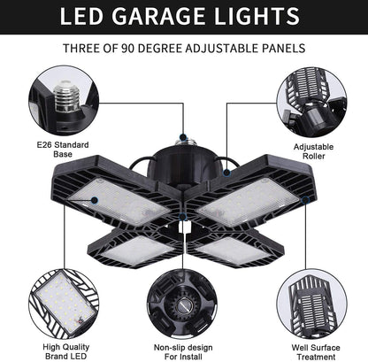 GMximo 2-Pack LED Garage Lights – 100W, 10000LM, Deformable 4-Panel, 6000K Daylight, E26