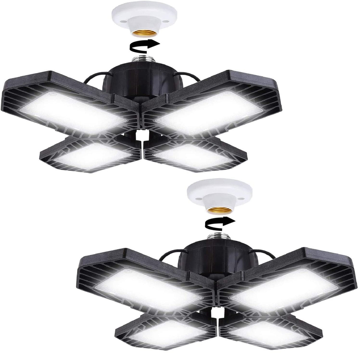 GMximo 2-Pack LED Garage Lights – 100W, 10000LM, Deformable 4-Panel, 6000K Daylight, E26