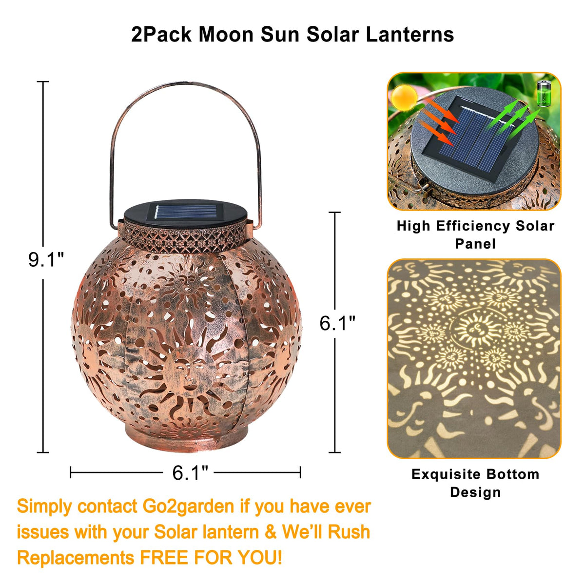 Go2garden Gifts 2Pack Solar Lanterns – Bronze Outdoor Waterproof Lights