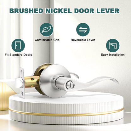 GOBEKOR 2 Pack Privacy Door Levers Brushed Nickel with Lock