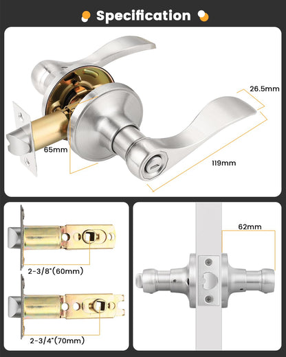 Gobrico Satin Nickel Privacy Door Lever — Wave Style, Keyless, Reversible