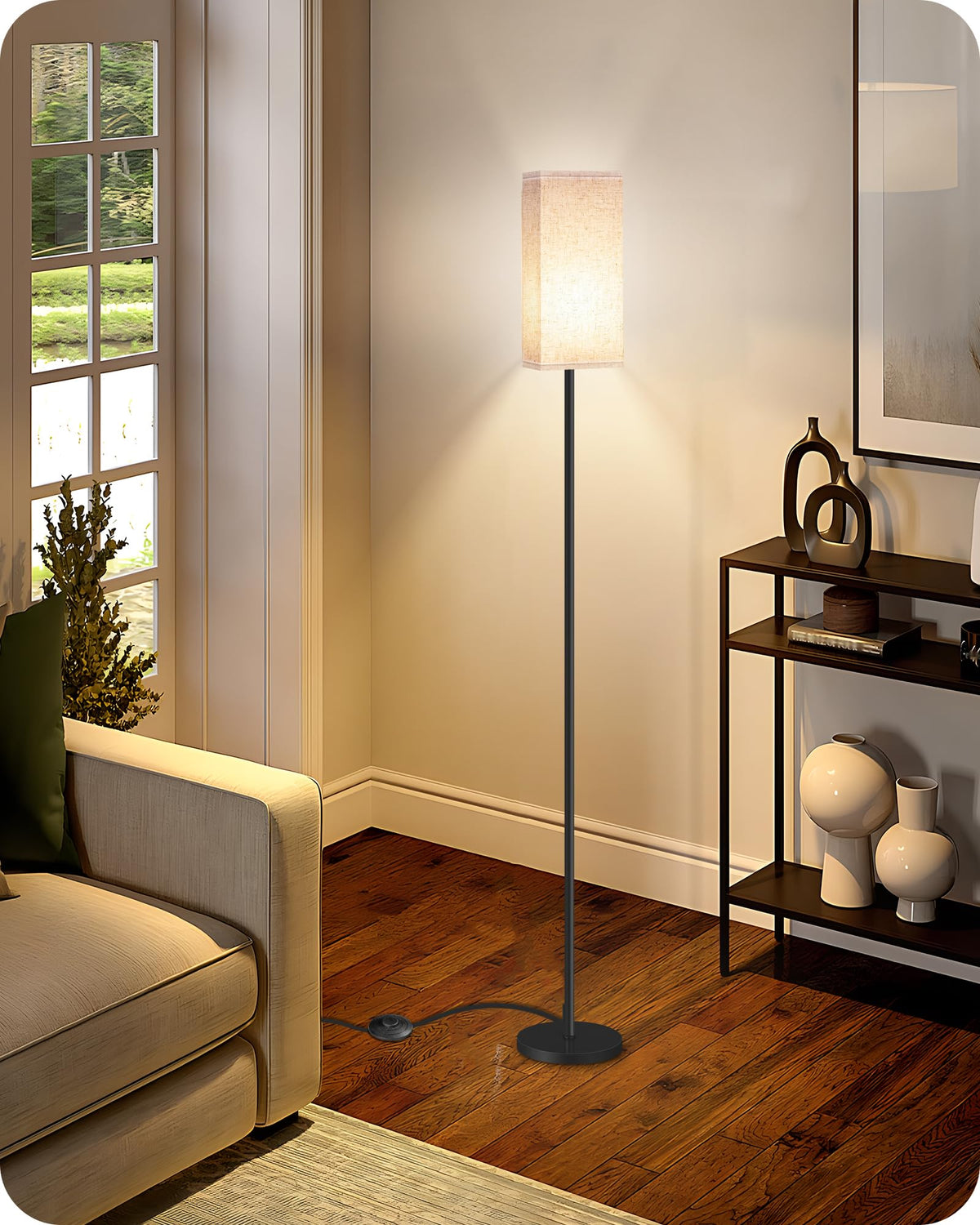 GOEBLESON 64.6-inch Floor Lamp with Foot Switch — Black & Beige, E26 Base