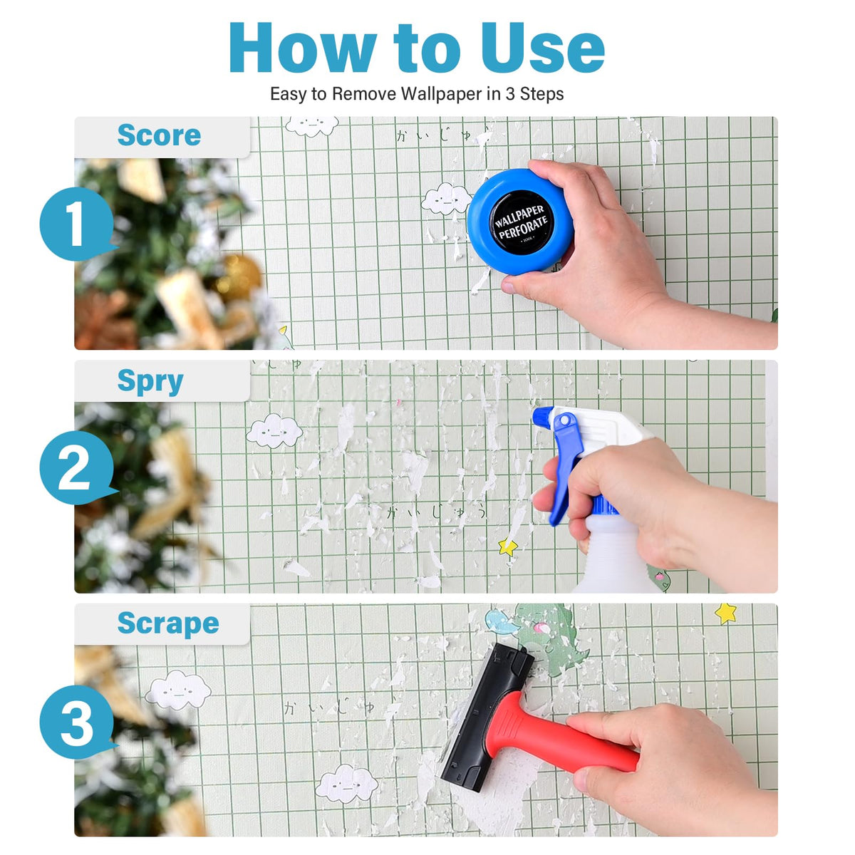 Gomake Wallpaper Remove Tool Set – Perforating Tool, 4-Inch Razor Scraper, 30 Blades, Spray Bottle