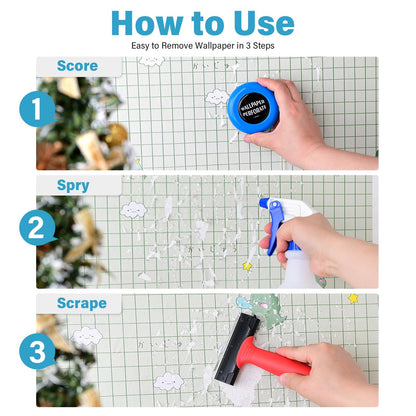 Gomake Wallpaper Remove Tool Set – Perforating Tool, 4-Inch Razor Scraper, 30 Blades, Spray Bottle