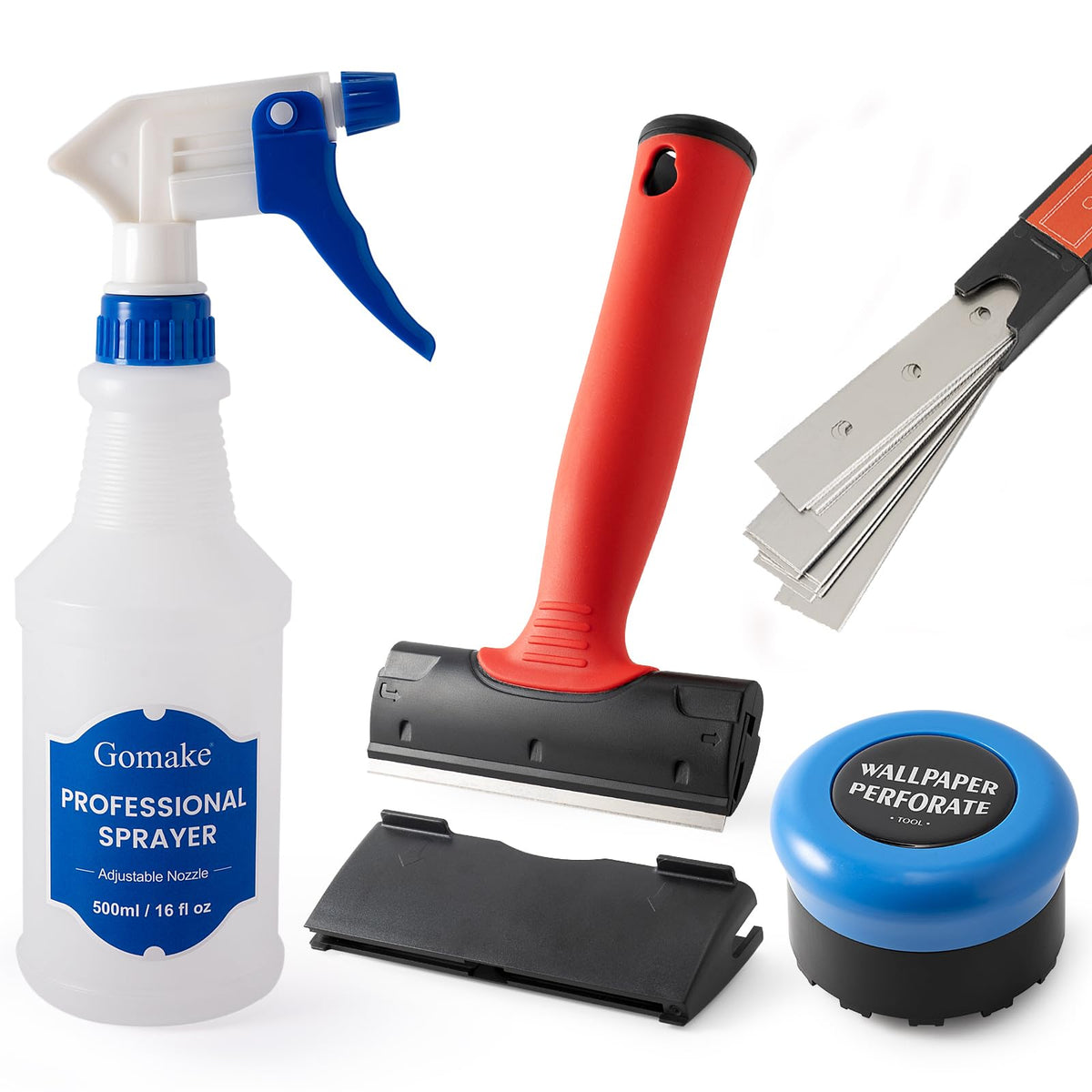 Gomake Wallpaper Remove Tool Set – Perforating Tool, 4-Inch Razor Scraper, 30 Blades, Spray Bottle