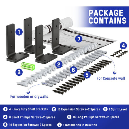 Goovilla 4-Inch Heavy-Duty Shelf Brackets – 4-Pack, Black Coated, 160 lb Load