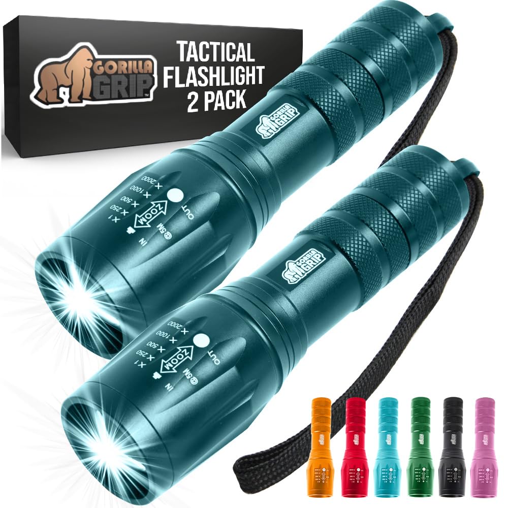 GORILLA GRIP Powerful LED Tactical Flashlight – 750 ft Reach, 5 Modes, Water-Resistant, 2-Pack Teal