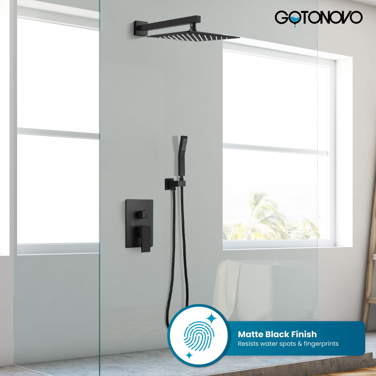 gotonovo Rainfall Shower System – 10-Inch Matte Black, Wall-Mounted, Brass Pressure-Balancing Valve