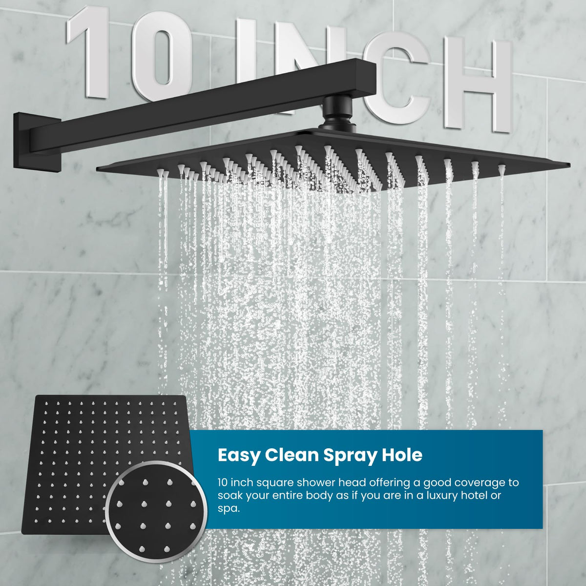 gotonovo Rainfall Shower System – 10-Inch Matte Black, Wall-Mounted, Brass Pressure-Balancing Valve