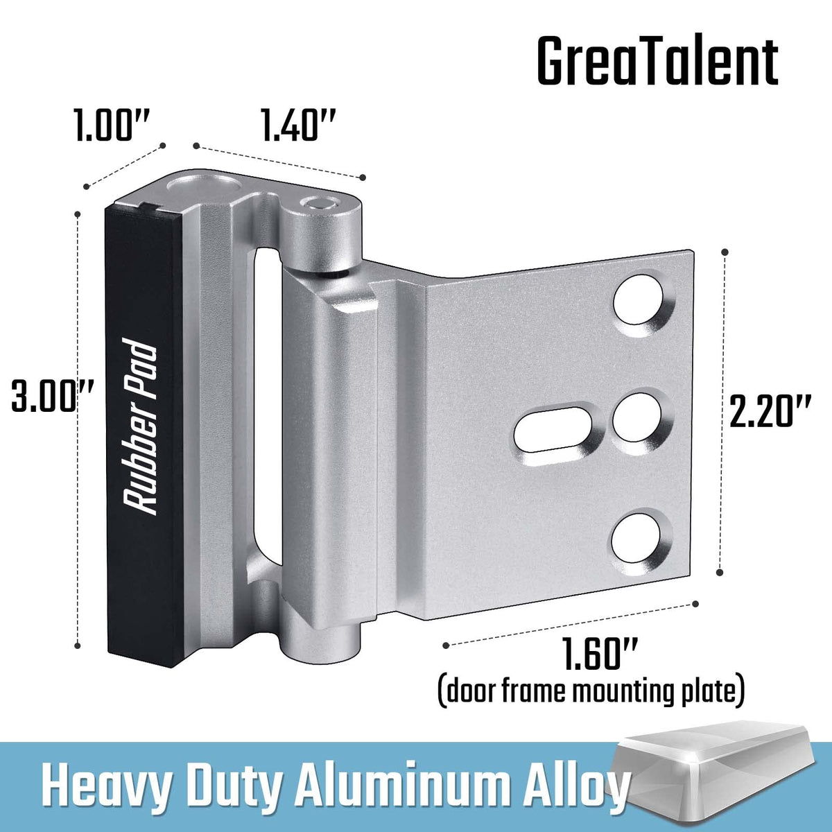 GreaTalent 2PACK Door Reinforcement Lock – Aluminum, Childproof, 3-Inch, Silver