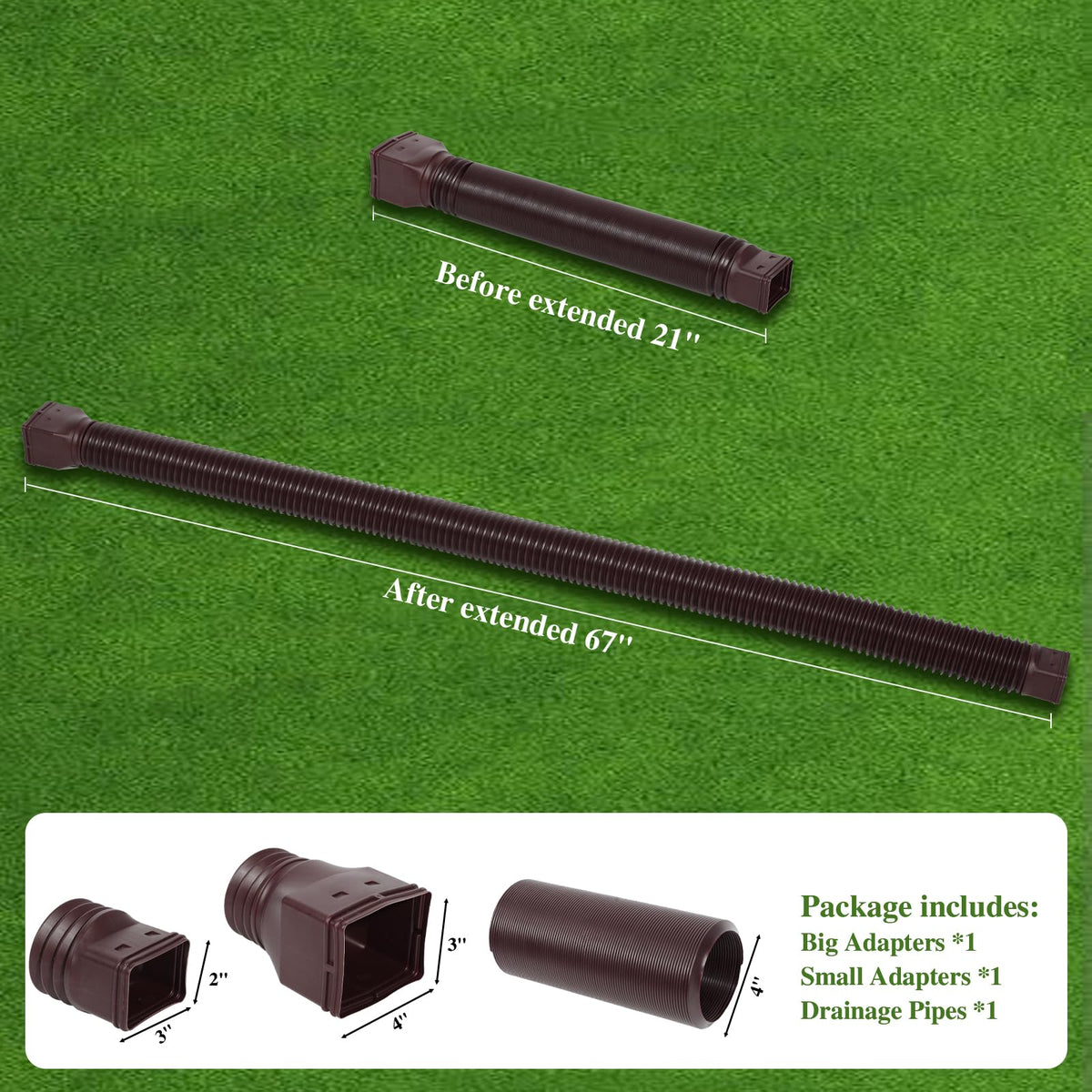 Gutterlix 1 Pack Flexible Downspout Extender - Extendable 21-67 Inches with Adapters (Brown)