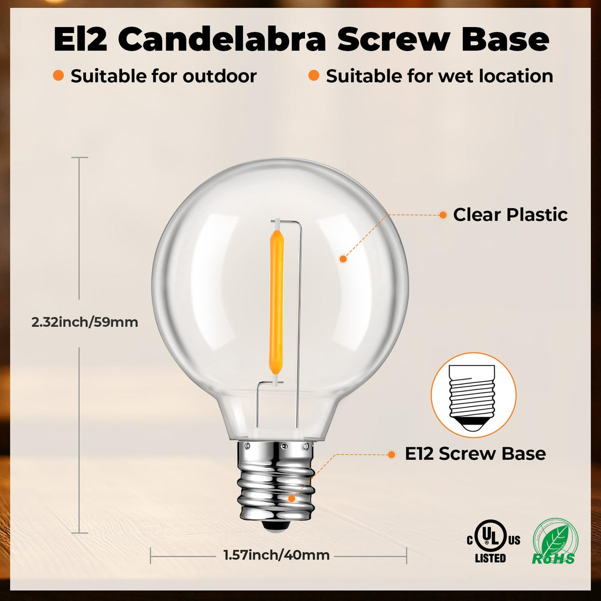 GvvooHome 50-Pack LED G40 Replacement Bulbs – Shatterproof, E12 Base, Warm White 2200K for Indoor & Outdoor String Lights