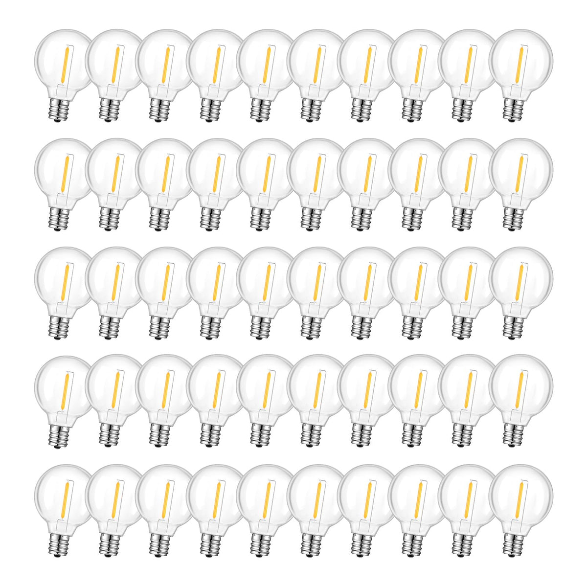 GvvooHome 50-Pack LED G40 Replacement Bulbs – Shatterproof, E12 Base, Warm White 2200K for Indoor & Outdoor String Lights